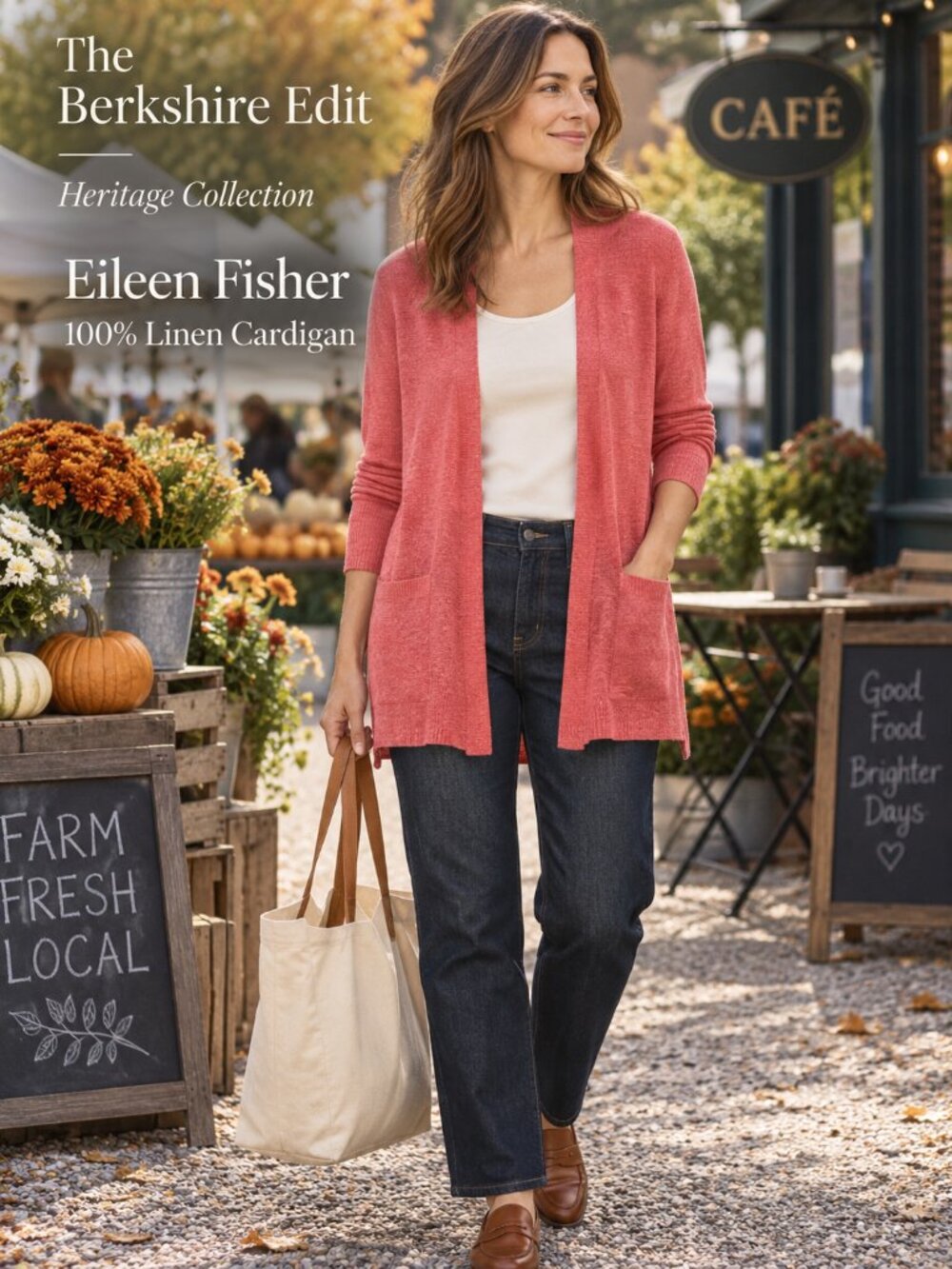 Eileen Fisher 100% Linen Coral Open Front Cardigan Sweater M